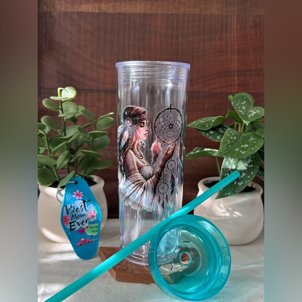 Dreamcatcher Teal Tumbler with Straw and Best Mom Ever Keychain